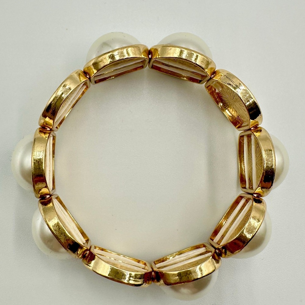 Chunky Faux Pearl Rhinestone Stretch Bracelet Gold Tone Statement Dome Bling - Picture 2 of 7